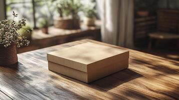 Product Packaging Box Mockup Placed a Wooden Table with Sharp Lighting Perfect for Displaying Custom Box Designs for Retail and Product Branding photo