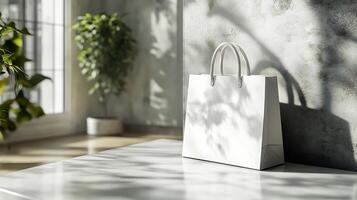 Shopping Bag Mockup Displayed a Clean White Table with Minimalist Design Perfect for Highlighting Retail Branding and Custom Store Logo Designs photo