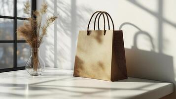 Shopping bag mockup displayed white table with a minimalist design perfect for retail branding photo