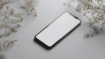 Sleek smartphone mockup displayed white minimalistic background perfect for showcasing a new mobile design photo