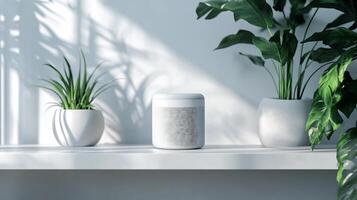 Smart Speaker Mockup Positioned a Clean White Shelf with Soft Ambient Lighting Ideal for Showcasing Tech Product Branding in a Modern Home Setting photo