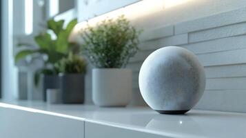 Smart speaker mockup placed clean white shelf with soft lighting perfect for tech product branding photo