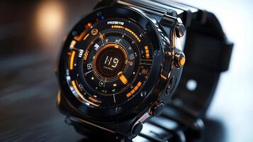 Smartwatch Mockup a Sleek Futuristic Interface Displayed on a Metallic Surface Ideal for Showcasing Modern Tech Accessories Wearable Branding and HighTech Concepts photo
