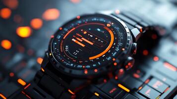 Smartwatch mockup sleek futuristic interface displayed on a metallic surface photo