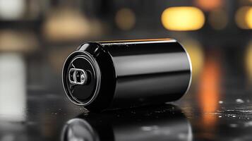 Soda Can Mockup Lying Flat a Reflective Surface Ideal for Showcasing Beverage Branding Creative Label Designs and Refreshing Drink Product Packaging Concepts photo