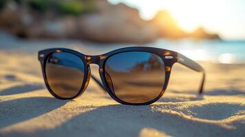 Stylish Sunglasses Mockup Resting a Sandy Beach with Bright Sunlight Perfect for Showcasing SummerThemed Accessory Branding and Outdoor Vibes photo
