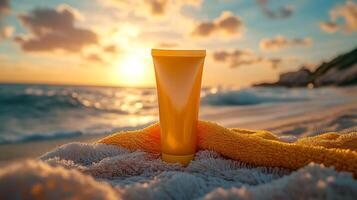 Sunscreen tube mockup standing beach towel with vibrant sunlight perfect for summer product branding photo