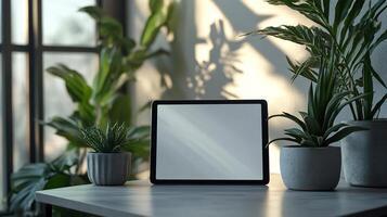 Tablet mockup displayed clean desk with soft lighting ideal for tech product showcases photo