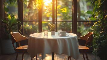 Tablecloth mockup draped dining table with soft lighting ideal for home goods branding photo