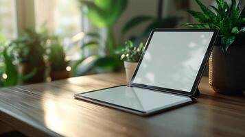 Tablet Mockup Desk with Soft Light Great for Digital Product and Tech Accessory Branding photo