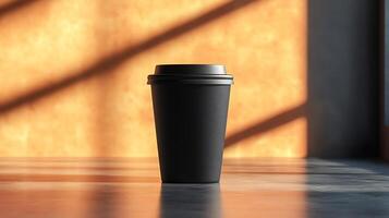 Travel mug mockup standing reflective surface with soft shadows perfect for showcasing beverage designs photo