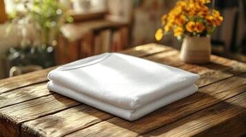 Tshirt mockup folded neatly wooden table ideal for showcasing apparel designs photo