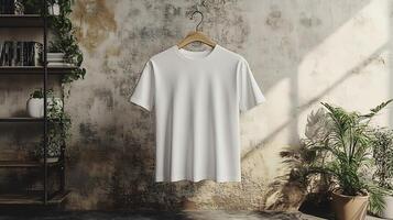 Tshirt mockup hanger hanging in front of a plain wall perfect for presenting custom apparel designs photo