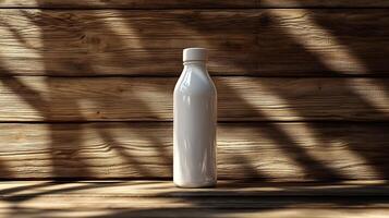 Water bottle mockup standing upright wooden surface with clean lines and soft shadows photo