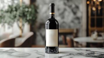 Wine bottle mockup sleek label standing on a marble countertop ideal for luxury branding photo