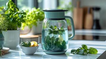 Ecofriendly Water Jug Mockup a White Kitchen Counter Perfect for Highlighting Sustainable Product Designs and Custom Labeling for Green Branding photo