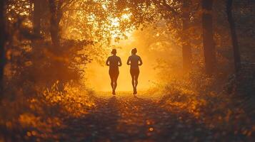 Couple jogging through a wooded trail at dawn both wearing matching fitness gear soft morning light filtering through the trees photo
