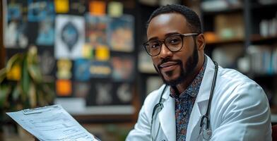 Doctor explaining a medical report to a patient in a modern welllit clinic both sitting across a desk healthcare diagrams on the wall photo