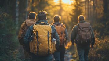 Group of friends hiking through a forest trail backpacks on talking and laughing as they walk soft sunlight filtering through the trees photo