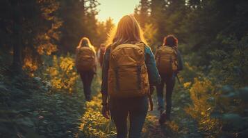 Group of friends hiking through a forest trail backpacks on talking and laughing as they walk soft sunlight filtering through the trees photo