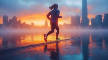Person jogging along a city waterfront at sunrise wearing neon running shoes and focused expression skyline in the background morning fog on the water photo