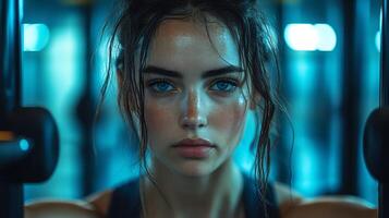 Person lifting weights in a hightech indoor gym mirrors reflecting their determined expression sleek equipment surrounding them photo