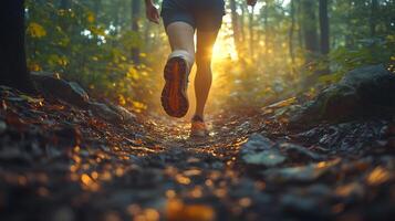 Person running through a forest trail in the early morning sunlight filtering through the trees wearing bright running shoes focused expression photo