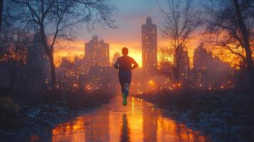 Runner sprinting through an urban park at dusk bright city lights in the background wearing neon running shoes intense concentration photo