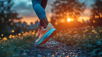 Runner sprinting through an urban park at dusk bright city lights in the background wearing neon running shoes intense concentration photo