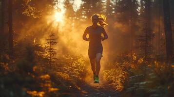Person running through a forest trail in the early morning sunlight filtering through the trees wearing bright running shoes focused expression photo
