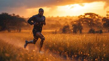 Runner sprinting through an open field in the early morning dew on the grass bright running shoes flashing intense concentration photo