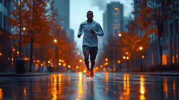 Runner sprinting through an empty city street at dawn wearing bright running shoes and focused expression tall buildings on either side photo
