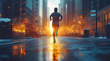 Runner sprinting through an empty city street at dawn wearing bright running shoes and focused expression tall buildings on either side photo