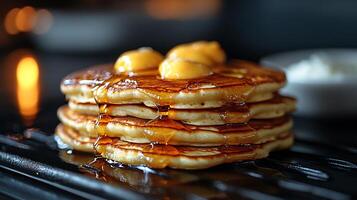 Fluffy buttermilk pancakes a griddle in the oven with buttermilk and syrup nearby photo