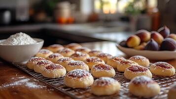 Sweet fig newtons baking the oven paired with a bowl of chopped dried figs and a sprinkle of flour on the kitchen counter offering a chewy and fruity dessert with a rustic touch photo