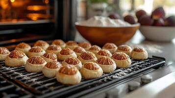 Oven a batch of sweet fig newtons and a bowl of chopped dried figs and a sprinkle of flour on the kitchen counter photo