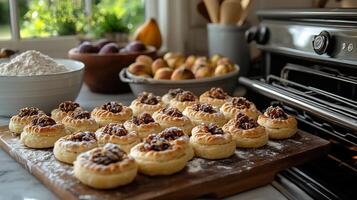 Sweet fig newtons baking the oven with chopped dried figs and flour on the counter photo