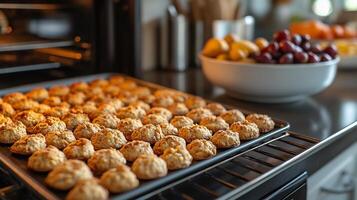 Crisp biscotti baking the oven accompanied by a field of almonds and a bowl of dried fruit offering a crunchy and flavorful snack perfect for pairing with coffee or tea photo