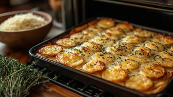 Oven a tray of goldenbrown cheese and herb crackers and a bowl of grated Parmesan and fresh thyme on the counter photo
