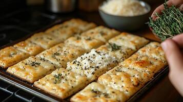 Cheese herb crackers baking with Parmesan and thyme on the counter photo