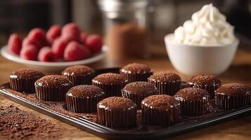 Oven a tray of rich chocolate lava cakes and a field of cocoa powder and a bowl of whipped cream nearby photo