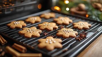 Soft chewy gingerbread cookies cinnamon sticks and cloves baking in the oven photo