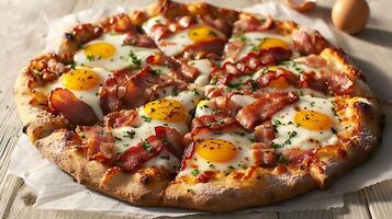 Bacon and egg breakfast pizza cut out on an isolated simple minimalist background photo