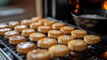 Oven a batch of buttery shortbread cookies and a bowl of vanilla extract and a sprinkle of sea salt on the side photo