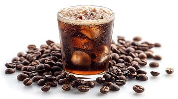 Bold and invigorating cold brew coffee with scattered coffee beans all cut out on an isolated simple minimalist background photo