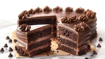Classic chocolate cake cut out on an isolated simple minimalist background photo