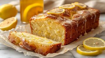 Classic lemon pound cake with lemon glaze cut out on an isolated simple minimalist background photo