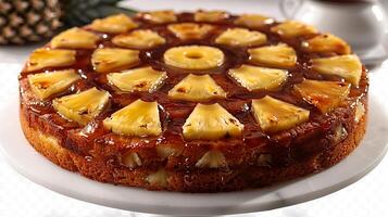 Classic pineapple upsidedown cake with caramelized pineapple topping cut out on an isolated simple minimalist background photo