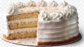 Coconut cream cake with shredded coconut topping cut out on an isolated simple minimalist background photo
