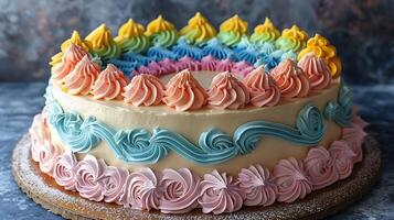 Colorful rainbow cake with buttercream frosting cut out on an isolated simple minimalist background photo